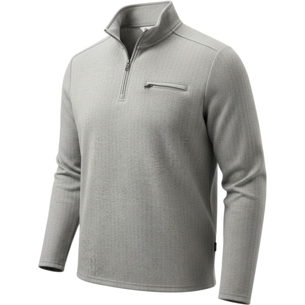 DKNY Mens Grey Herringbone Quarter Zip Pullover Sweater Large Mock Neck Pocket